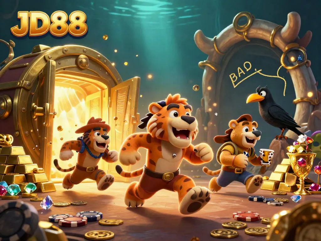 Winning at JD88: A lively casino scene with cartoon caveman duo and treasures.