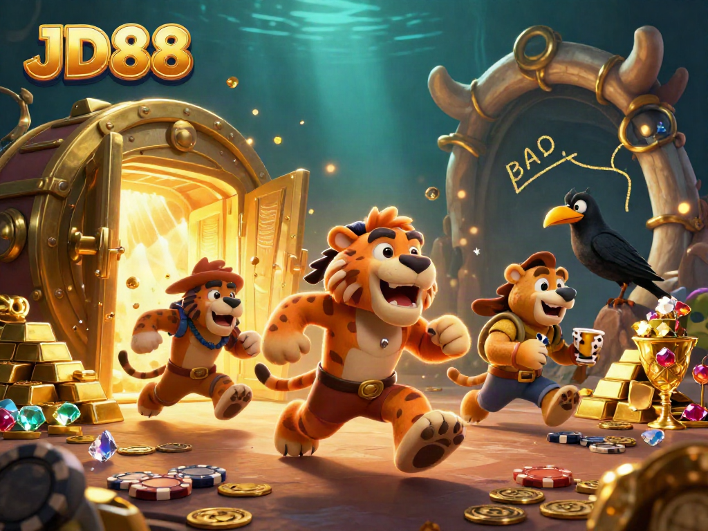 Winning at JD88: A lively casino scene with cartoon caveman duo and treasures.