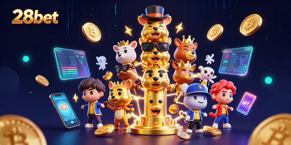 Engage with 28bet's dynamic gaming world, showcasing vibrant crypto elements in a colorful casino scene.