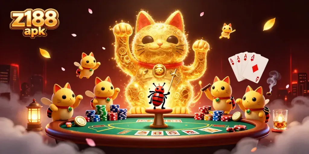 Experience the thrill of casino action with z188 apk, where golden fireflies create a lucky cat amidst poker excitement.
