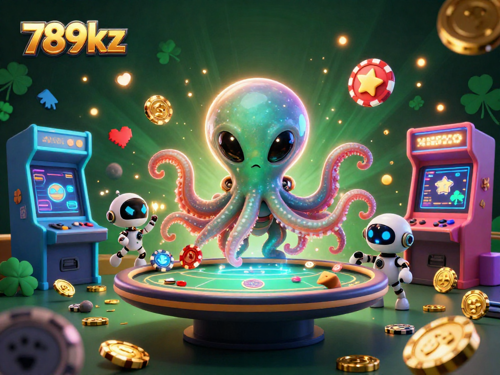 Join the 789kz alien octopus in an exciting poker game amidst vibrant arcade elements.