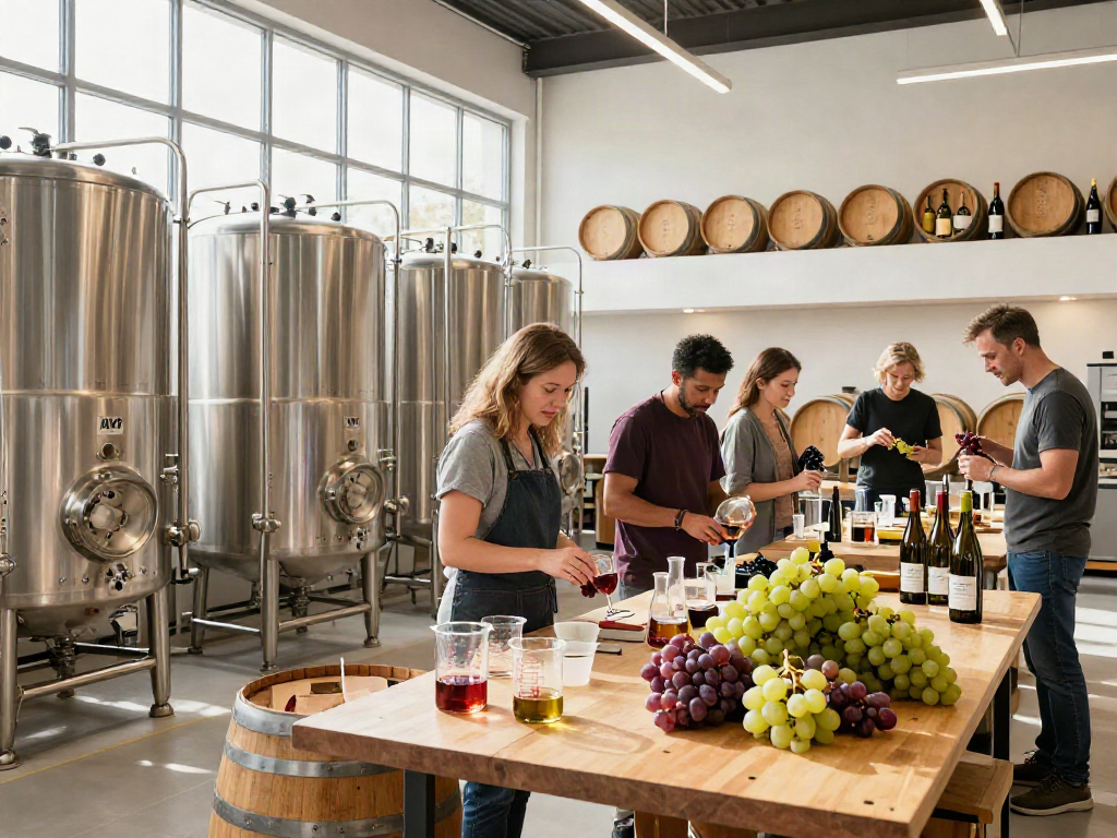 AVP Wine Collective winemakers collaborating in a vibrant production facility, showcasing modern winemaking techniques and community spirit.