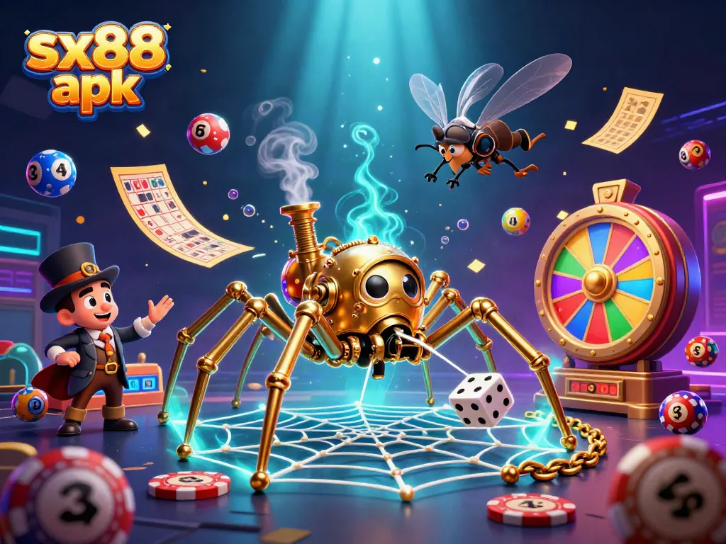 Experience the excitement of sx88 apk with a dynamic steampunk spider and lottery elements in a vibrant 3D scene.