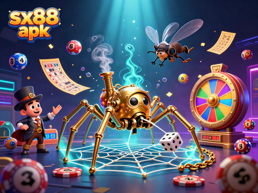 Experience the excitement of sx88 apk with a dynamic steampunk spider and lottery elements in a vibrant 3D scene.