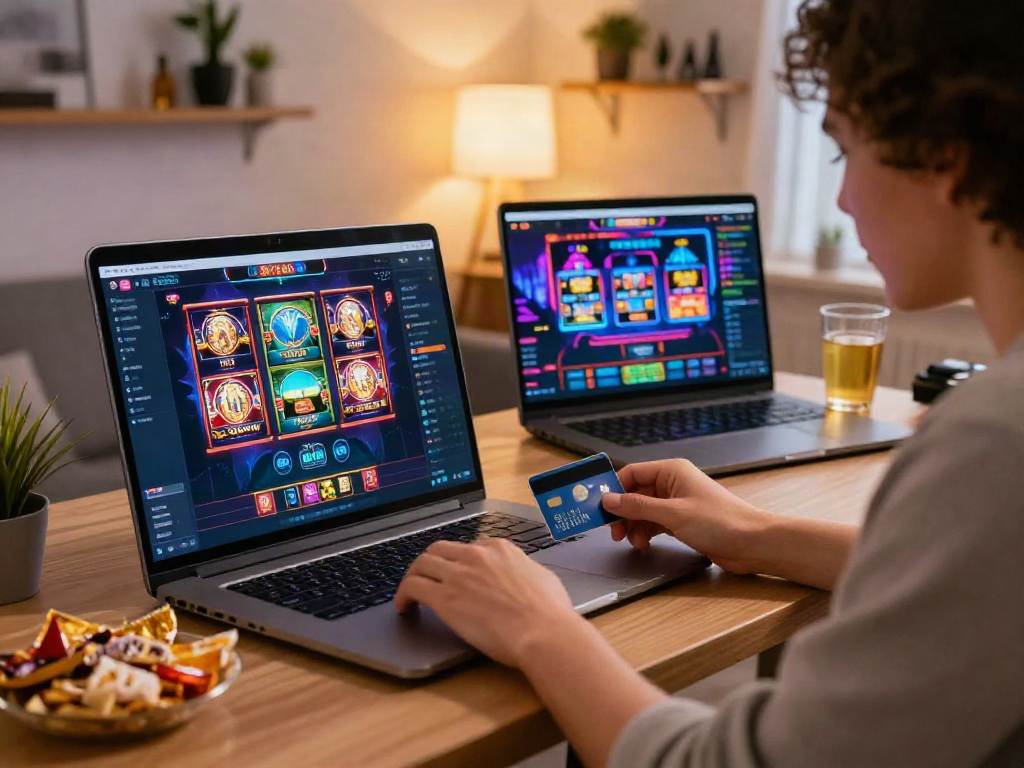 Player enjoying a seamless credit card casino experience on a laptop with vibrant games displayed.