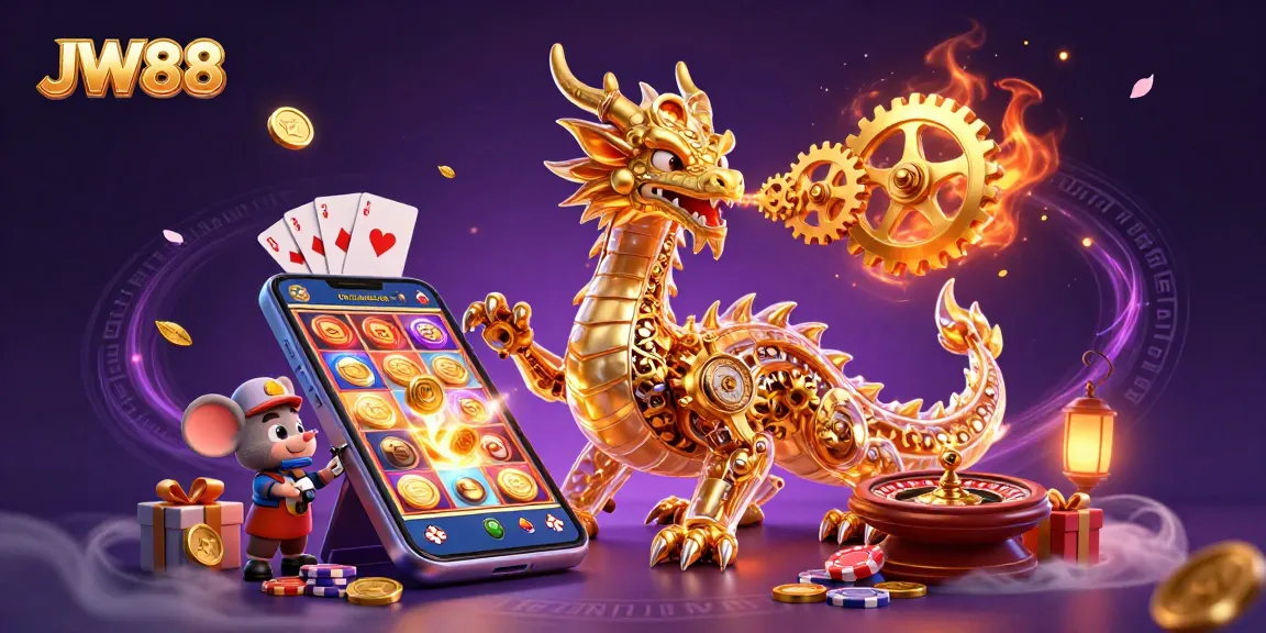 Engage with JW88's thrilling gaming experience featuring a golden dragon amid dynamic casino elements.