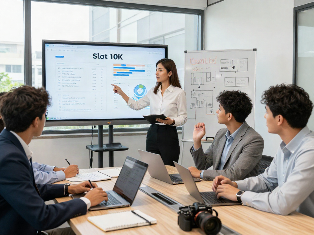 Team of professionals discussing slot 10k investment strategies in a modern office.