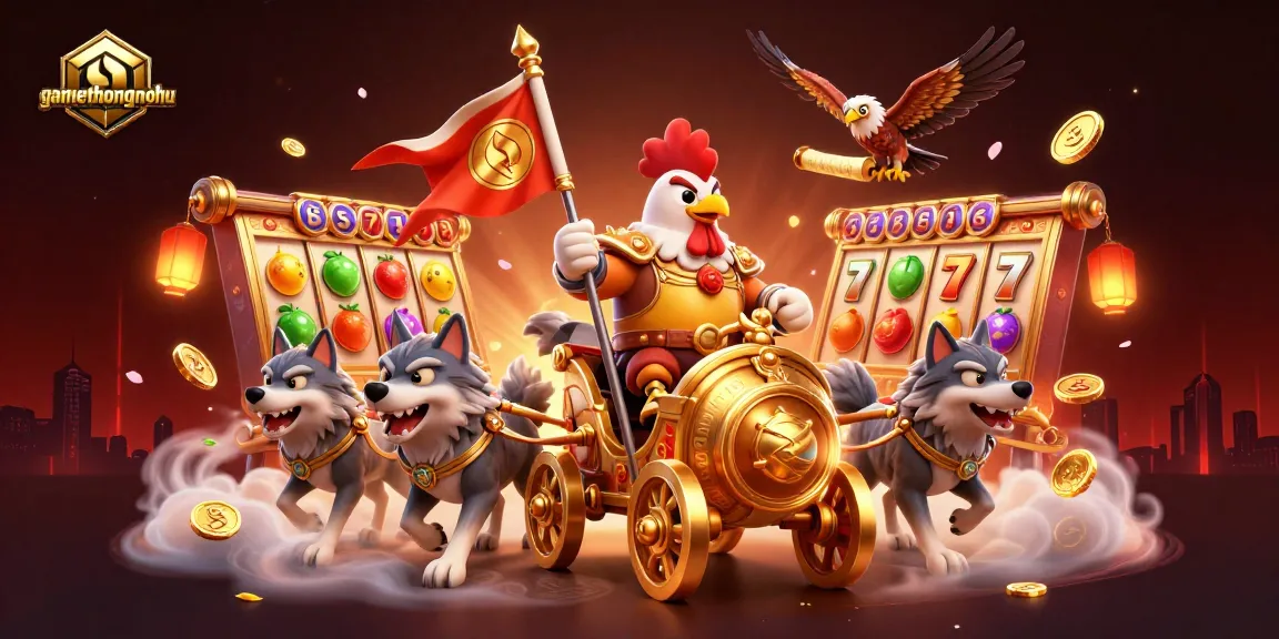 The energetic scene with a rooster warlord and golden slots highlights gamethuongnohu's thrilling casino excitement.