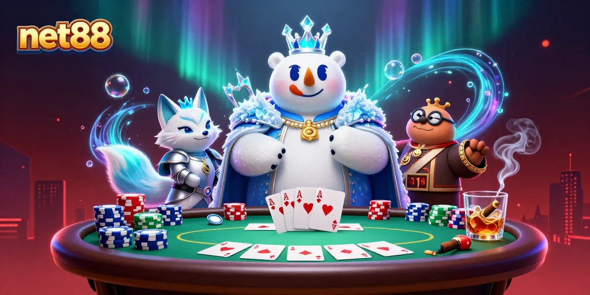Engage with net88's thrilling poker scene featuring energetic characters and dynamic casino elements.