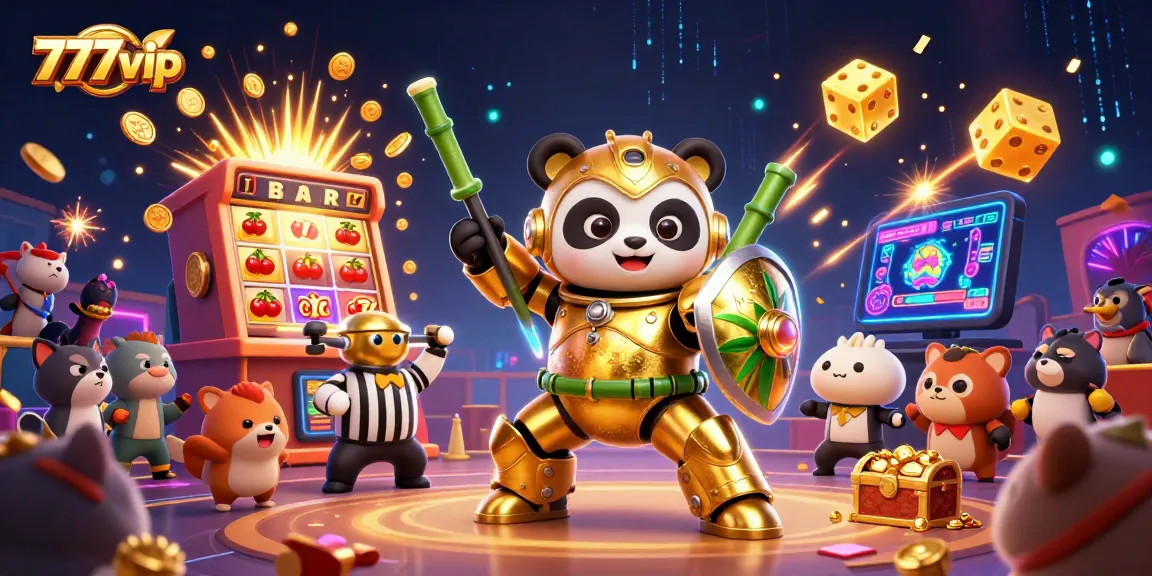 Experience jackpot excitement with 777vip's cartoon panda gaming adventure in this vibrant illustration.