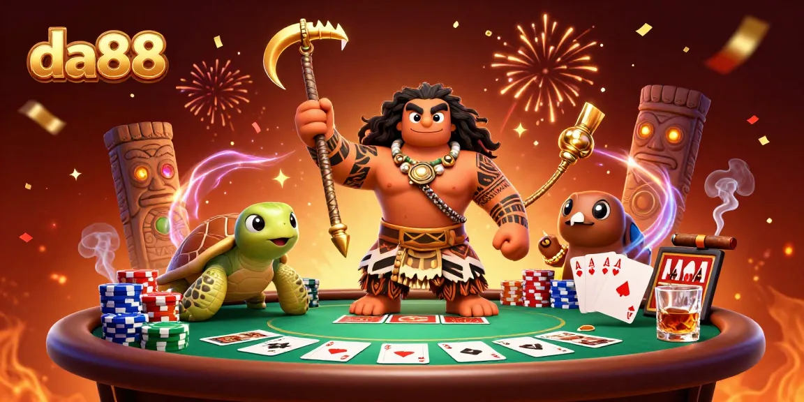 Win at da88 poker with a 3D illustration of a Maui-style demigod and poker elements.