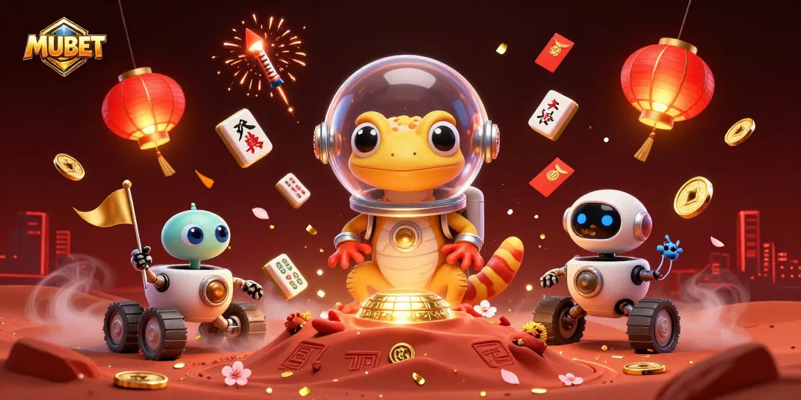MUBET showcases a Martian gecko in a space suit finding a golden casino, surrounded by vibrant gambling elements.