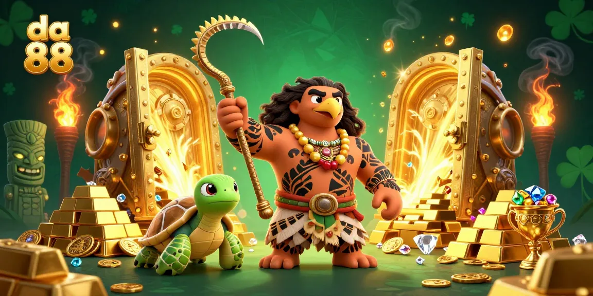 Spin and win at da 88 with a vibrant illustration of a demigod hawk and treasures in a casino fantasy.