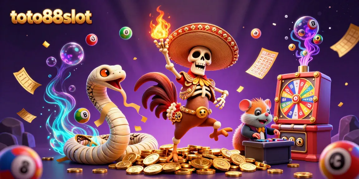 Engage with the excitement of toto88slot as festive characters celebrate on golden coins amidst colorful gambling elements.
