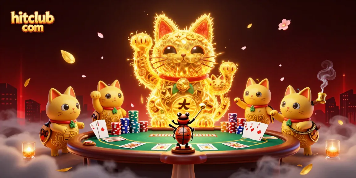 Experience hitclub com's vibrant casino world with a lucky cat and golden fireflies representing winning strategies.