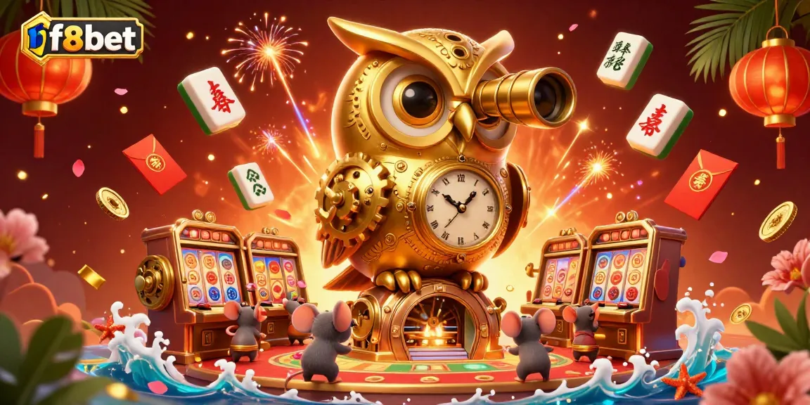 Experience the vibrant casino world of f8bet featuring a golden owl, wind-up mice, and lively gaming elements.