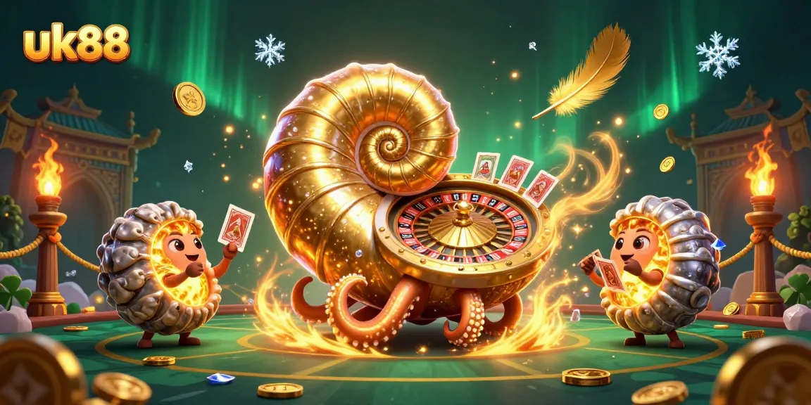 Experience thrilling bets with uk88, featuring an ancient nautilus roulette wheel surrounded by vibrant casino elements.