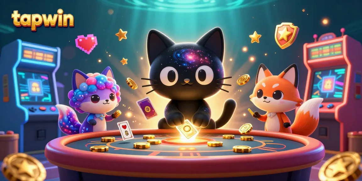 Experience the cosmic charm of tapwin as a black hole cat draws in golden chips at a vibrant casino.