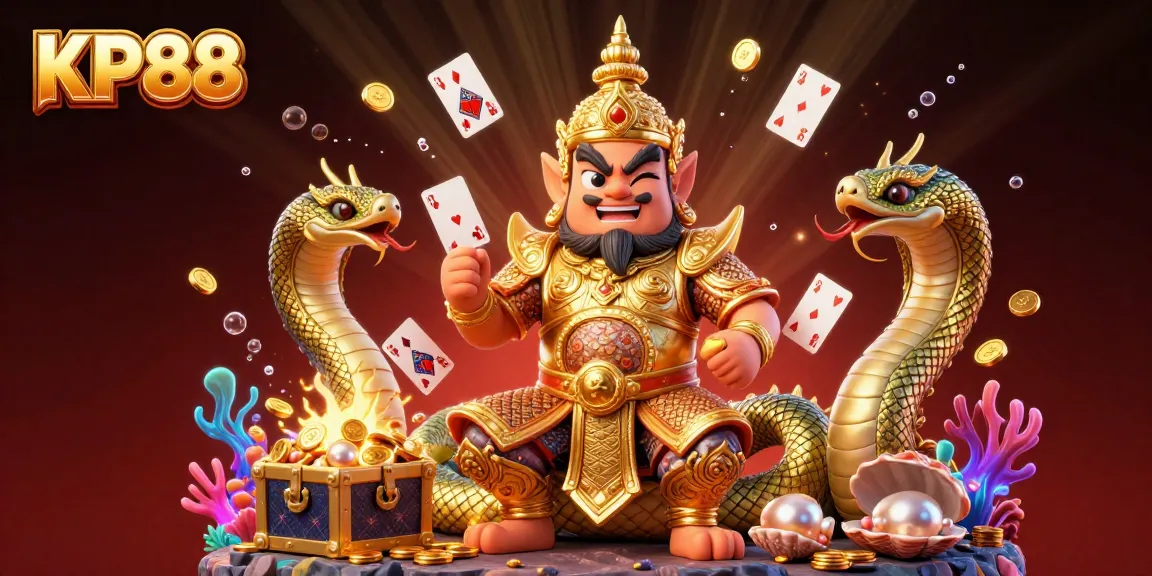 Experience KP88's vibrant gambling action with a dynamic scene of a golden guardian and treasures enhancing the thrill.