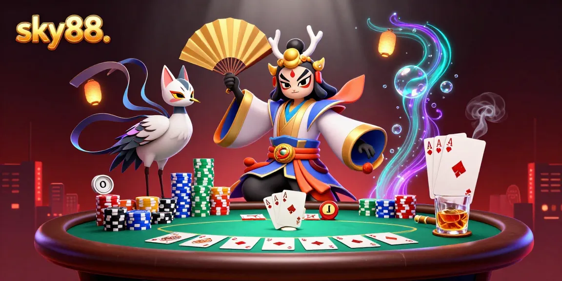 Engage with thrilling poker action at sky88., featuring layered aesthetic with kabuki warrior and vibrant elements.