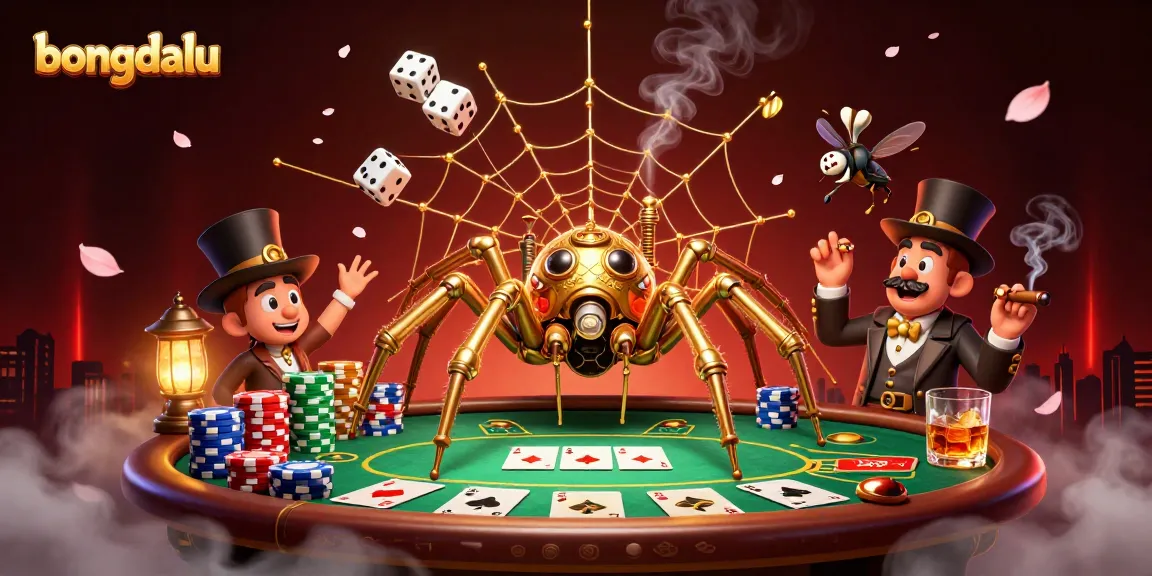 Bongdalu reveals its vibrant gambling world, showcasing a steampunk spider and Victorian gentleman amid poker elements.