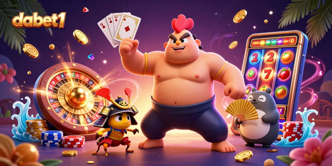 Engage with dabet1's vibrant casino world featuring a sumo wrestler rooster and slot machines.