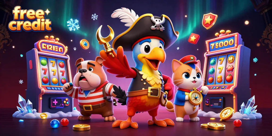 Claim free credit while enjoying vibrant slot games with animated characters in a dynamic casino setting.