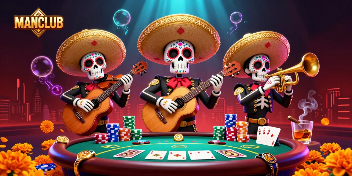 Engage with MANCLUB’s dynamic casino scene featuring lively mariachi skeletons and vibrant game elements.