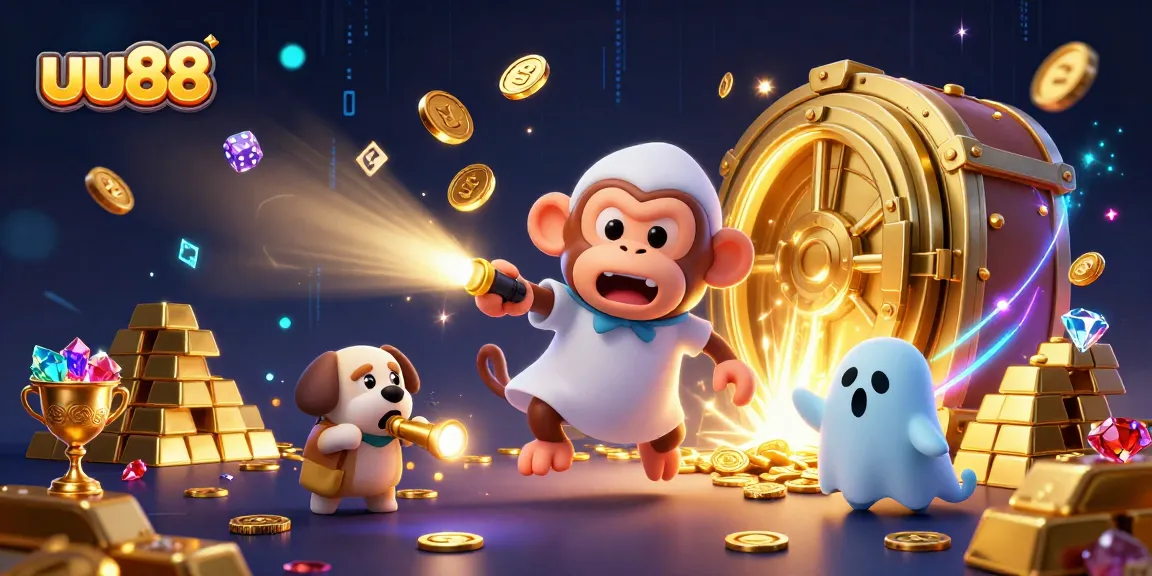 Experience the excitement of uu88 with a whimsical casino scene featuring a playful poltergeist monkey and a curious puppy.