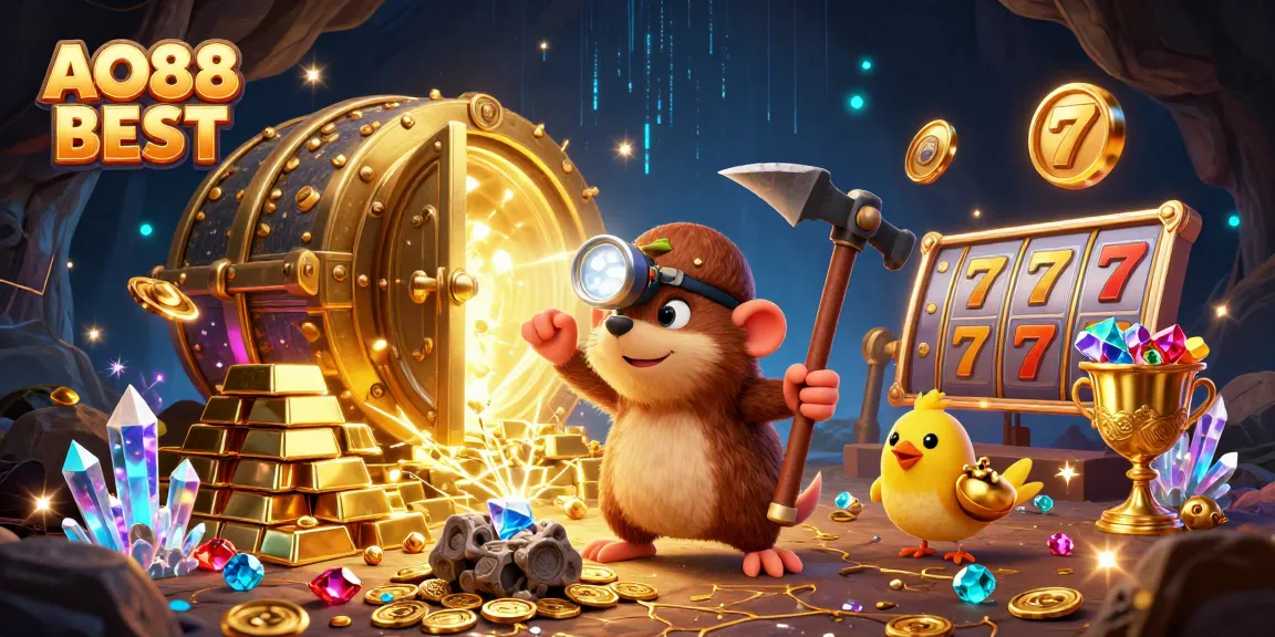 Experience the excitement of AO88 BEST with a vibrant 3D treasure hunt in a dazzling casino setting.