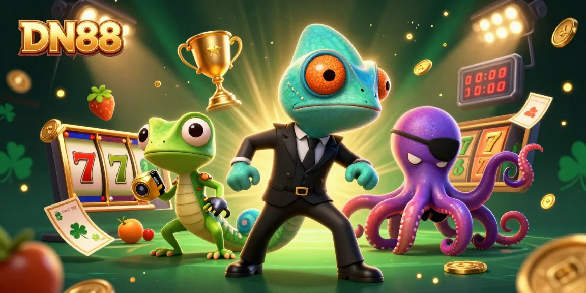 Win big at DN88 with a vibrant illustration showcasing casino excitement and colorful gaming elements.
