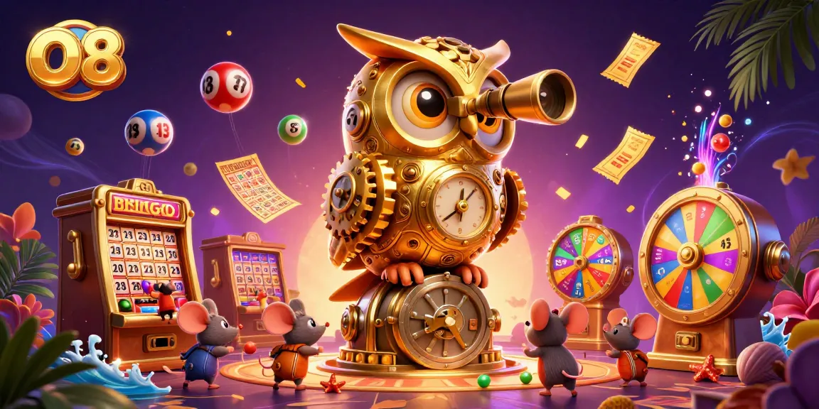 Play exciting casino games at O8, featuring a vibrant 3D illustration of an enchanting casino scene with an owl.