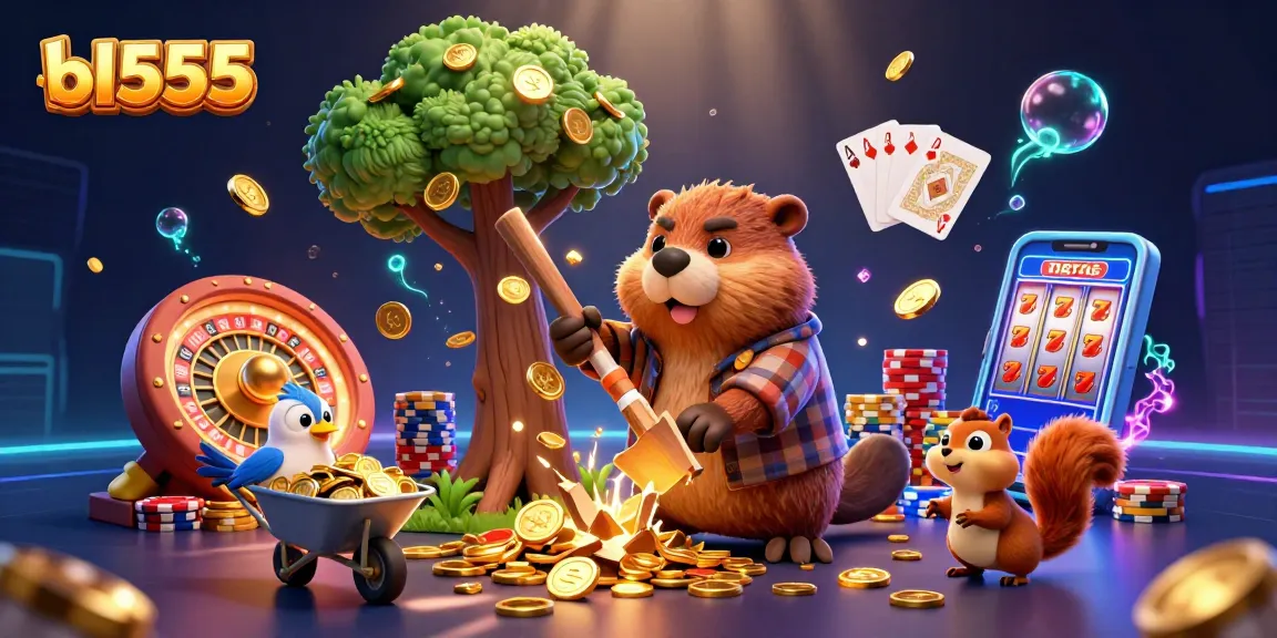 Experience the thrill of gambling at bl555 with a vibrant 3D illustration showcasing a beaver collecting golden coins during gameplay.