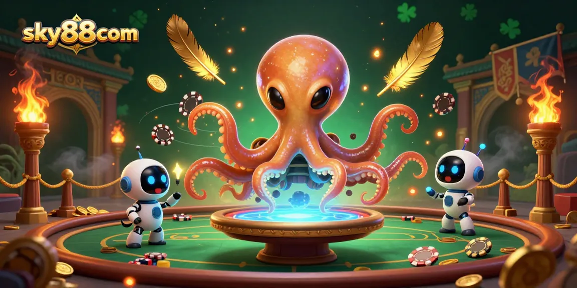 Engage with sky88com's thrilling holographic poker game featuring a cosmic octopus and robot!