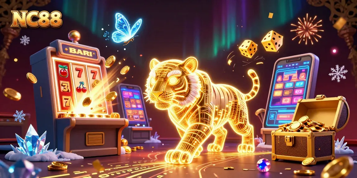 Experience the thrill of NC88 Casino with a vibrant 3D scene showcasing exciting slot jackpots and a neon tiger!