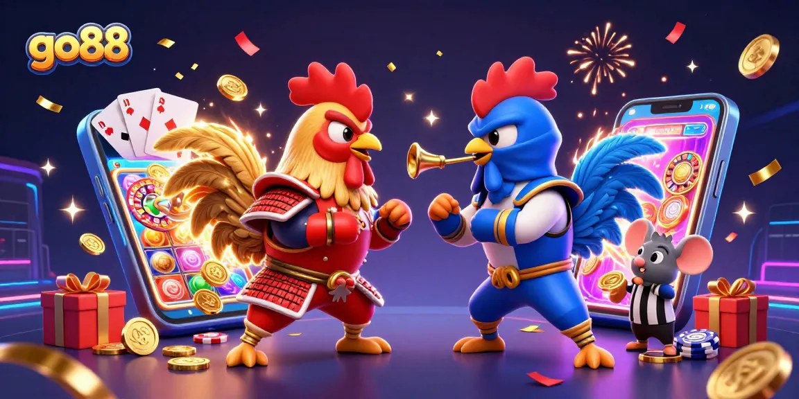Experience thrilling action at go88 with a dynamic standoff between samurai and ninja roosters in a casino-themed showdown.