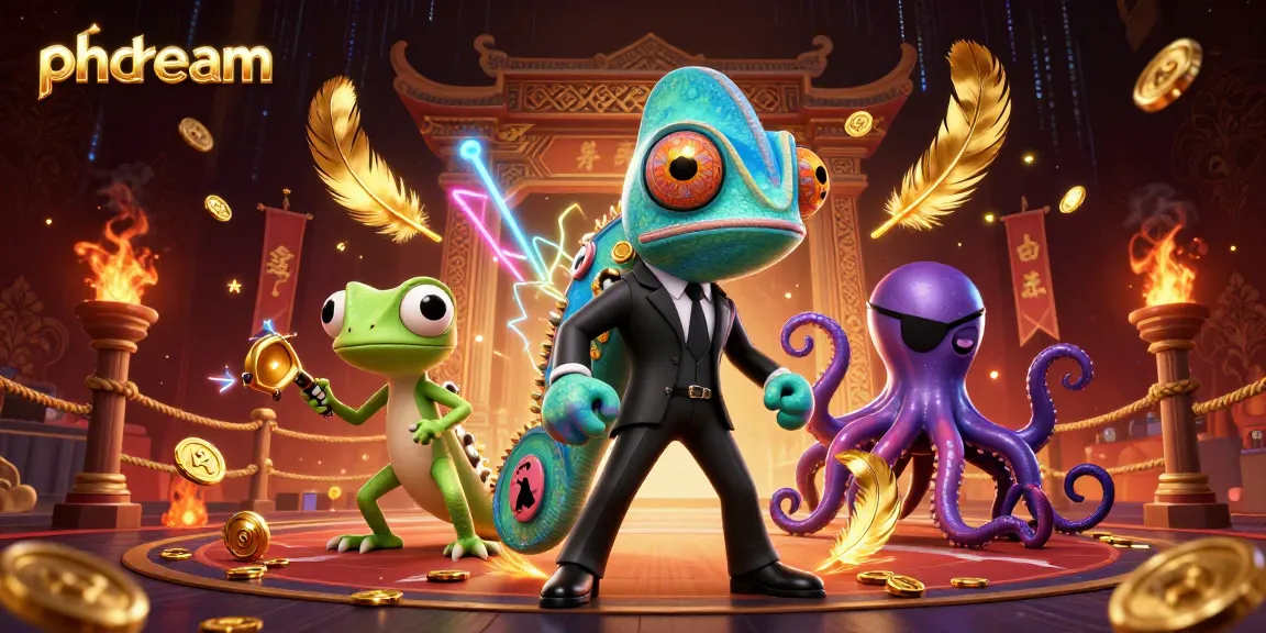 Play thrilling games at phdream, featuring a chameleon, gecko, and octopus in a vibrant casino setting.
