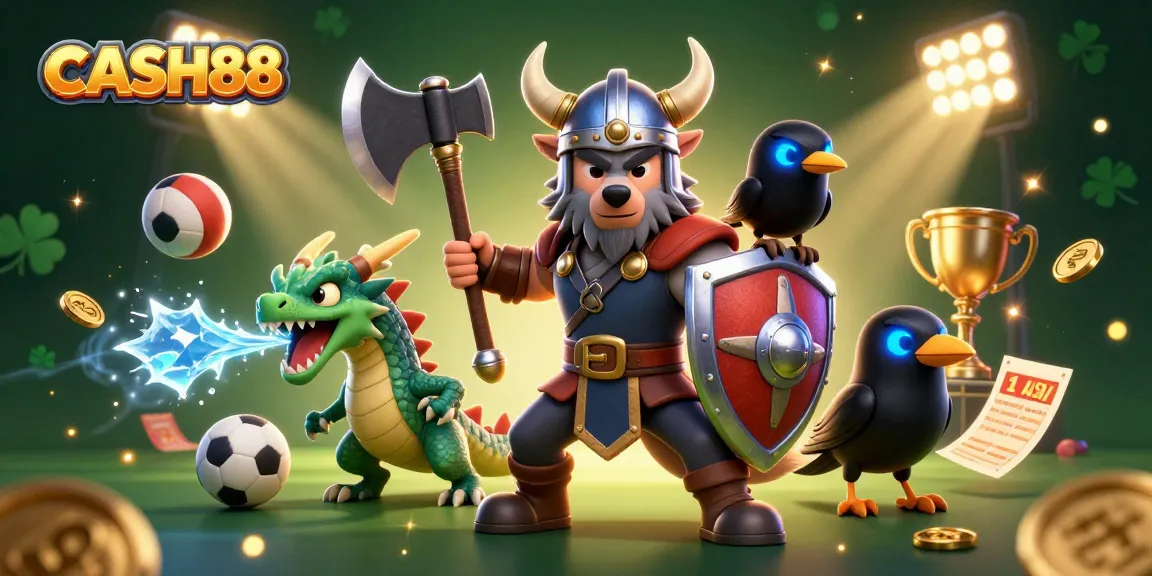 Experience the excitement of CASH88 with a Viking warrior, fierce dragon, and vibrant casino elements.