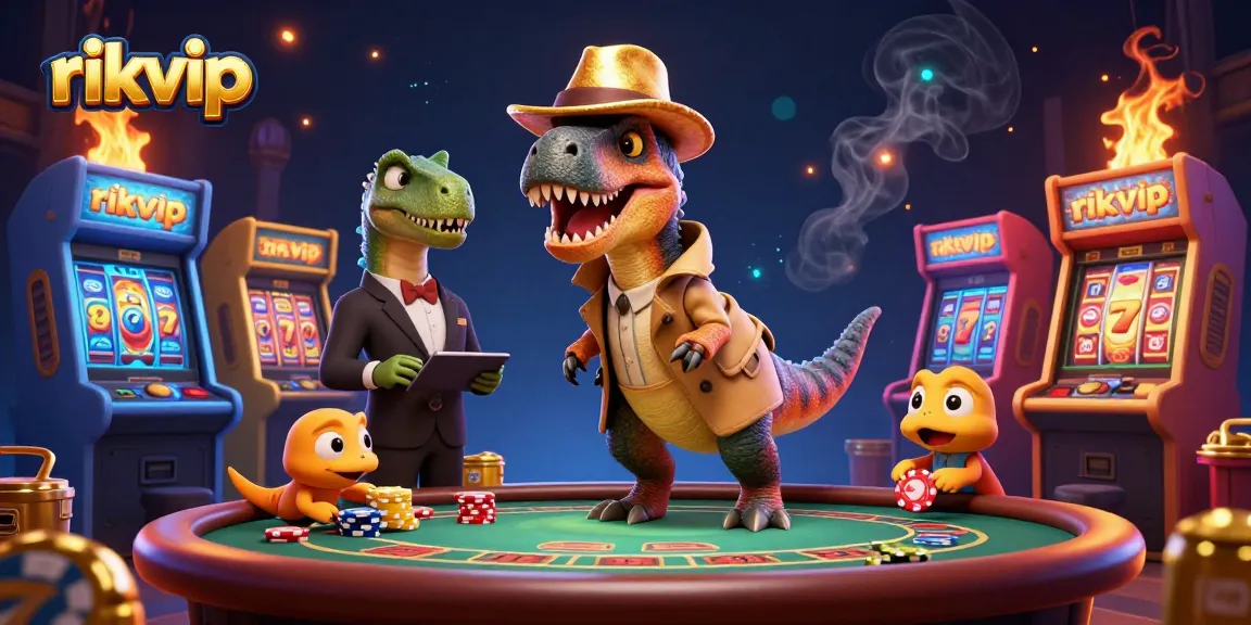Experience thrilling blackjack action with Rikvip's cartoon velociraptor expertly counting cards amidst lively casino elements.