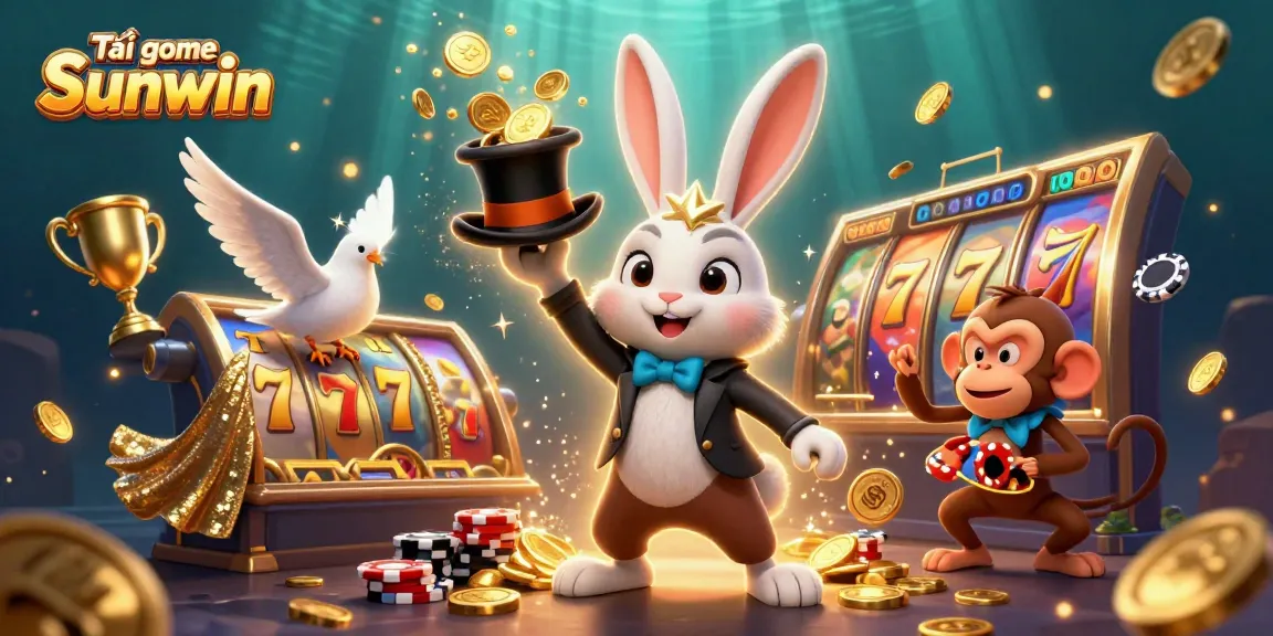 Play Tải game Sunwin with a magician rabbit, a sequined dove, and a playful monkey in a vibrant casino scene.