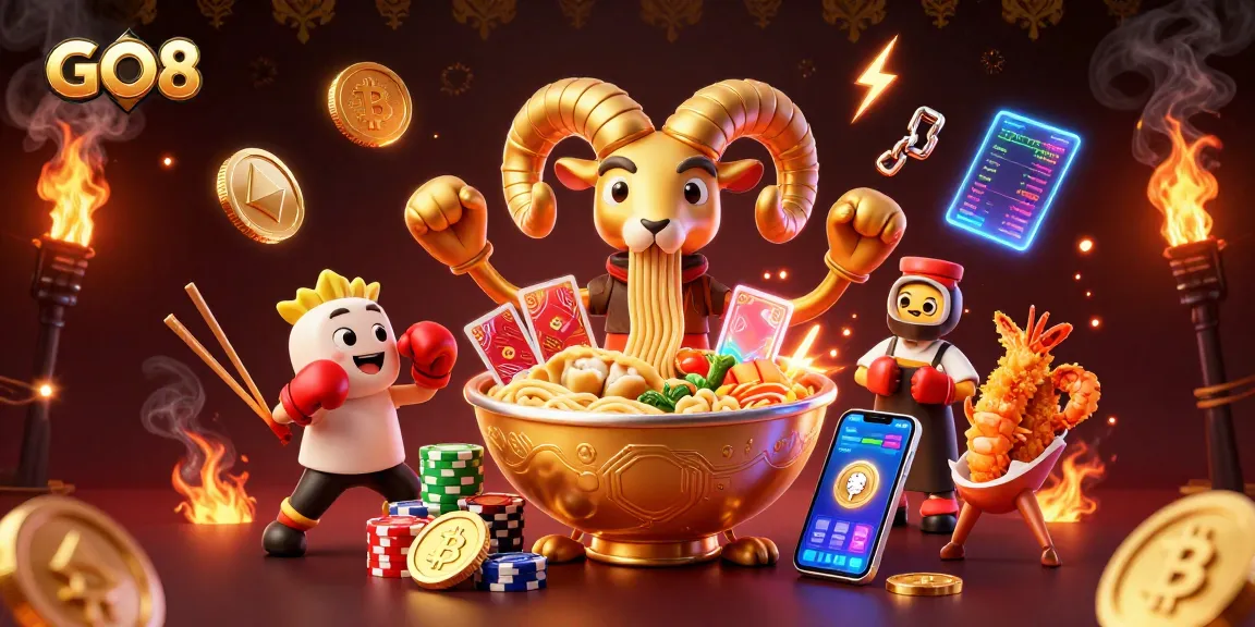 Experience GO8's exciting casino atmosphere with animated characters and crypto elements in vibrant colors.