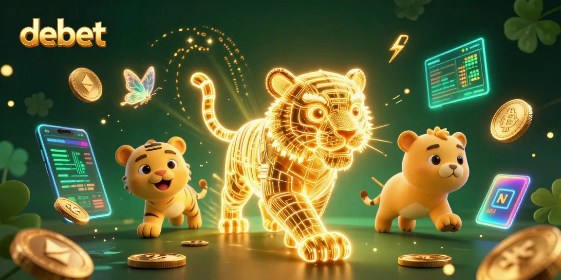 Engage with debet's vibrant digital landscape featuring a golden tiger and cryptocurrency elements.