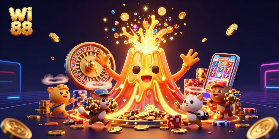 Experience the thrill of gaming with wi 88, featuring a golden volcano erupting treasures and dynamic casino elements.