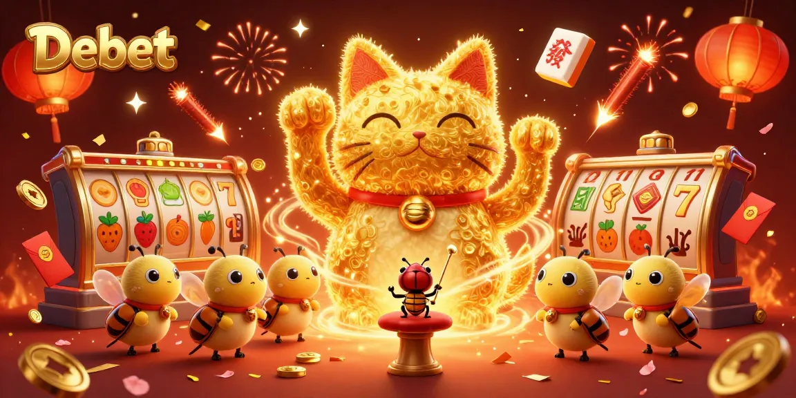 Experience the Debet gaming scene with a vibrant lucky cat and colorful slot elements.