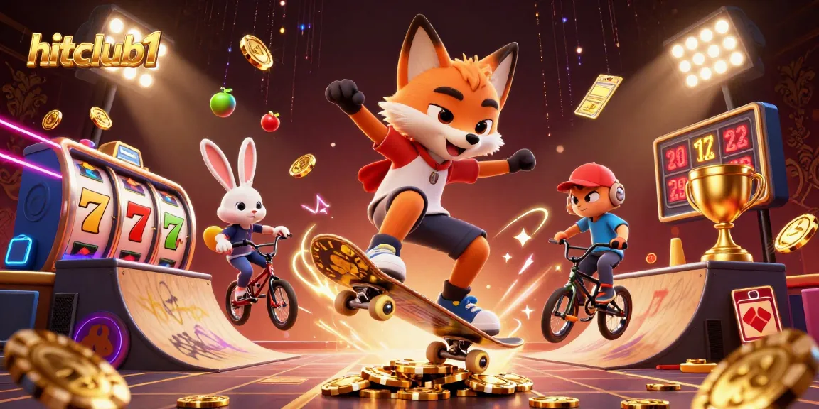 Engage in thrilling slot adventures with hitclub1 as 3D characters perform stunts over poker chips amidst vibrant casino symbols.