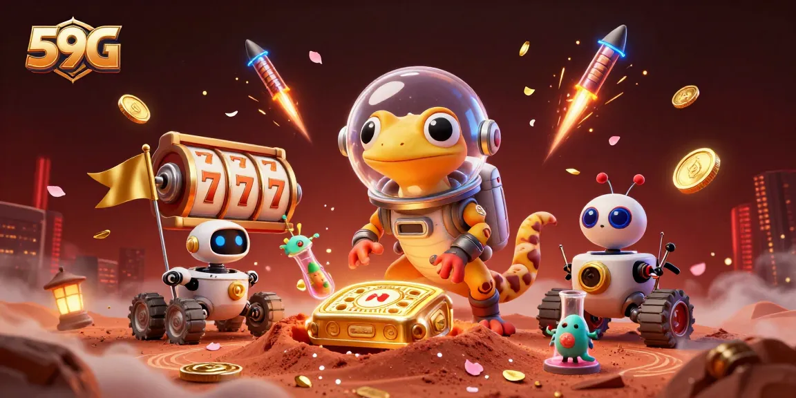 Experience excitement at 59G with a cartoon Martian gecko discovering a golden casino treasure.