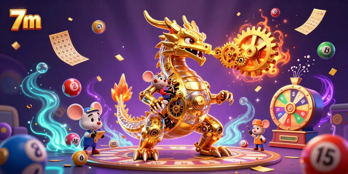 Engage with 7m's dynamic casino scene featuring a golden dragon, vibrant lottery elements, and immersive gameplay.