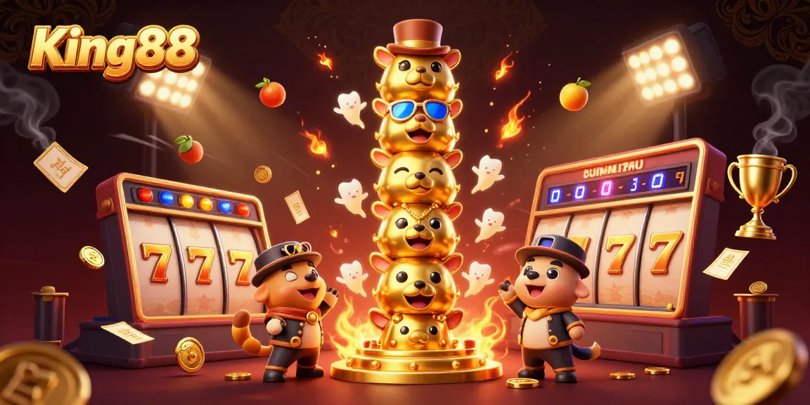 Engage with King88's vibrant gaming world featuring animated slot symbols and thrilling gameplay.