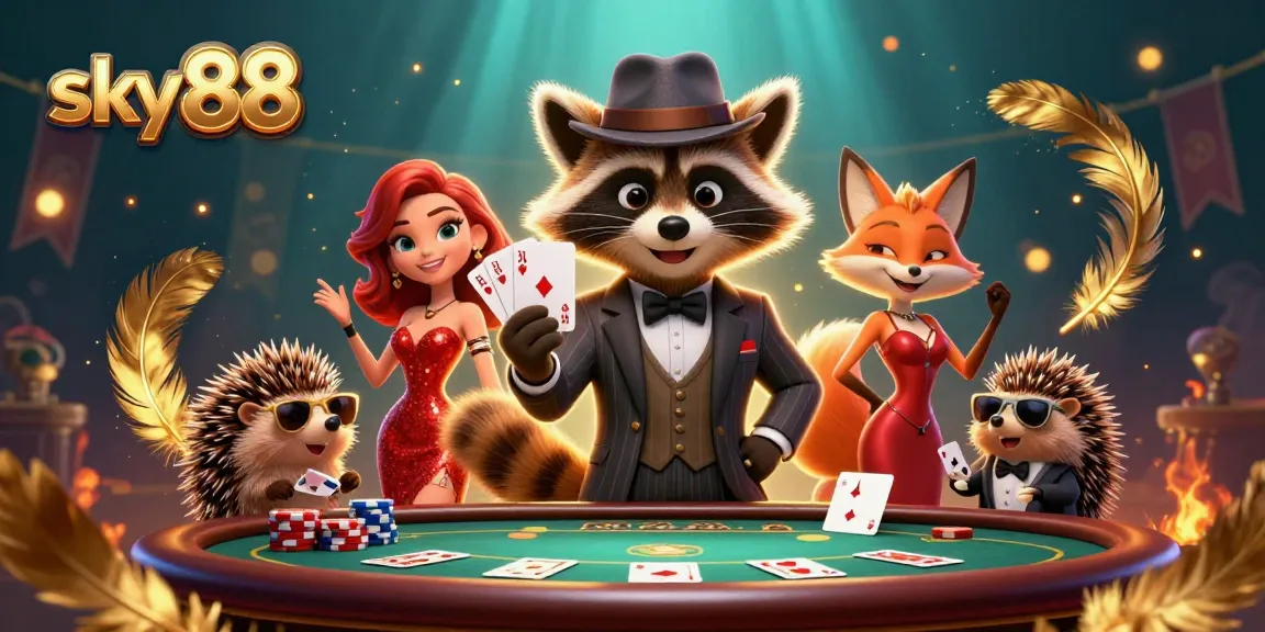 Play poker with sky88 at a lively 3D casino featuring vibrant characters, chips, and golden sparks.