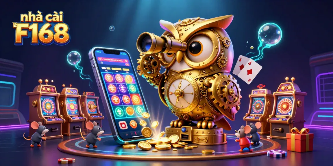Experience the excitement of nhà cái F168 with a whimsical 3D casino scene featuring a golden owl and vibrant gaming elements.